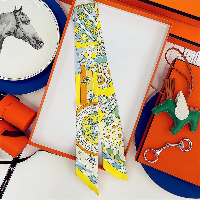 100% Silk High Quality Luxury Brand Scarf Women Headband Hair Band Foulard Tie Ribbon Neckerchief Skinny Scarves Accessories