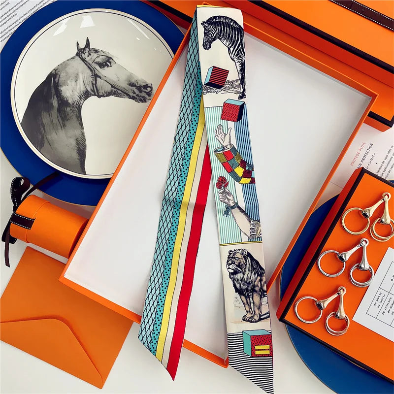 100% Silk High Quality Luxury Brand Scarf Women Headband Hair Band Foulard Tie Ribbon Neckerchief Skinny Scarves Accessories