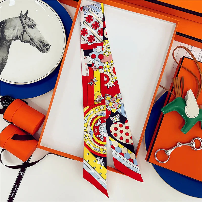 100% Silk High Quality Luxury Brand Scarf Women Headband Hair Band Foulard Tie Ribbon Neckerchief Skinny Scarves Accessories