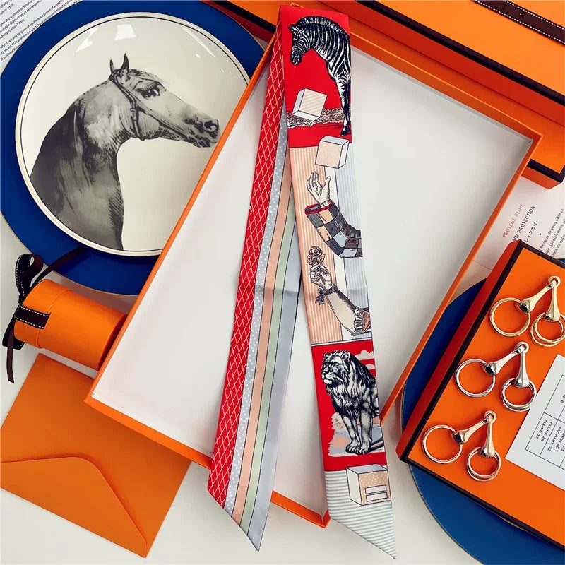 100% Silk High Quality Luxury Brand Scarf Women Headband Hair Band Foulard Tie Ribbon Neckerchief Skinny Scarves Accessories