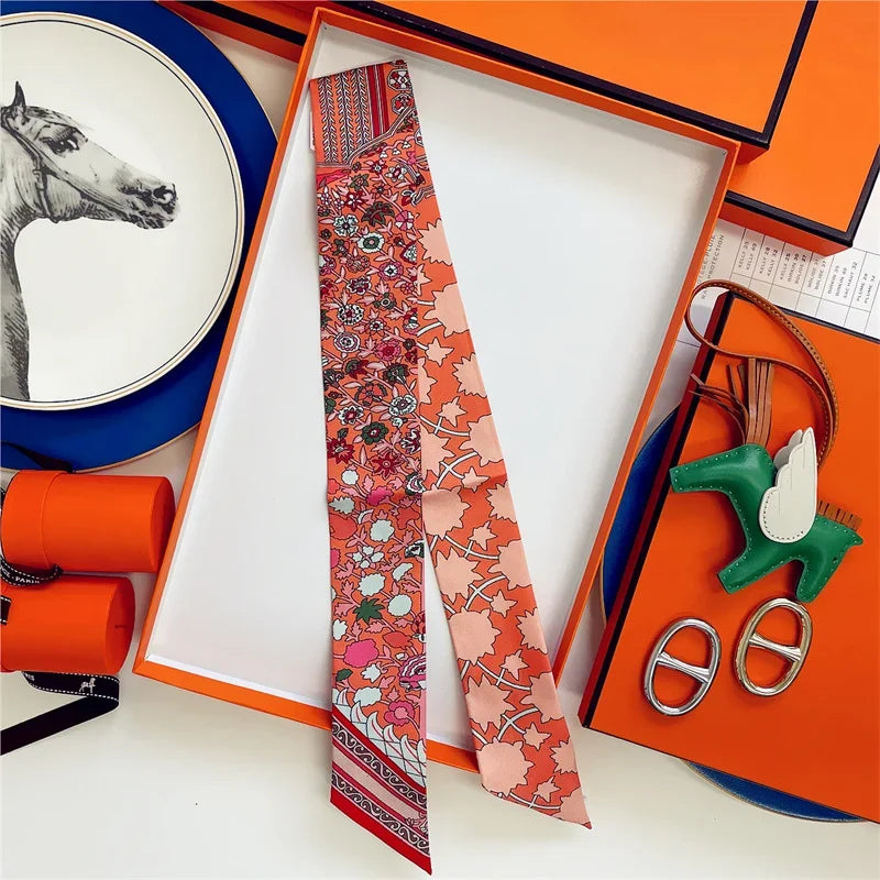 100% Silk High Quality Luxury Brand Scarf Women Headband Hair Band Foulard Tie Ribbon Neckerchief Skinny Scarves Accessories