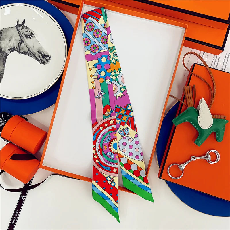 100% Silk High Quality Luxury Brand Scarf Women Headband Hair Band Foulard Tie Ribbon Neckerchief Skinny Scarves Accessories