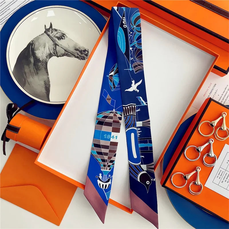 100% Silk High Quality Luxury Brand Scarf Women Headband Hair Band Foulard Tie Ribbon Neckerchief Skinny Scarves Accessories