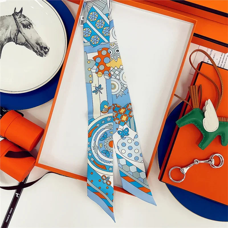 100% Silk High Quality Luxury Brand Scarf Women Headband Hair Band Foulard Tie Ribbon Neckerchief Skinny Scarves Accessories