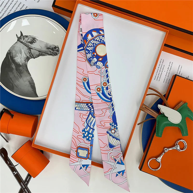 100% Silk High Quality Luxury Brand Scarf Women Headband Hair Band Foulard Tie Ribbon Neckerchief Skinny Scarves Accessories